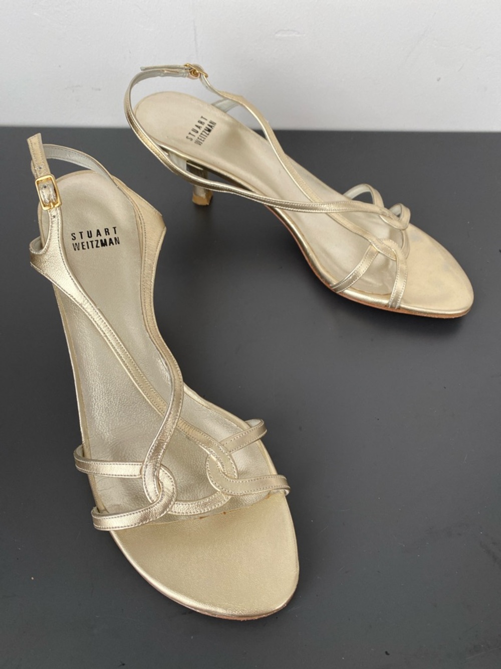 Stuart Weitzman Metallic Gold Strappy Slingback Heels